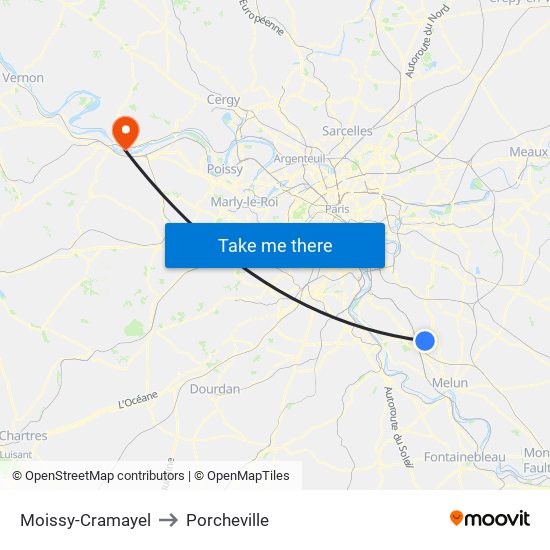 Moissy-Cramayel to Porcheville map