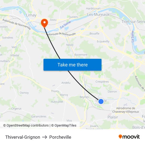 Thiverval-Grignon to Porcheville map