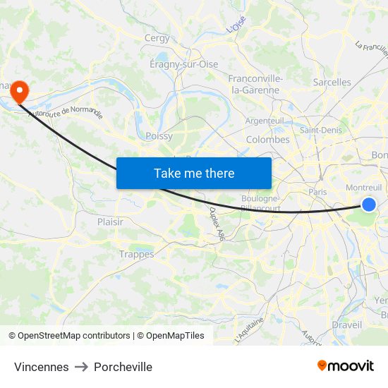 Vincennes to Porcheville map