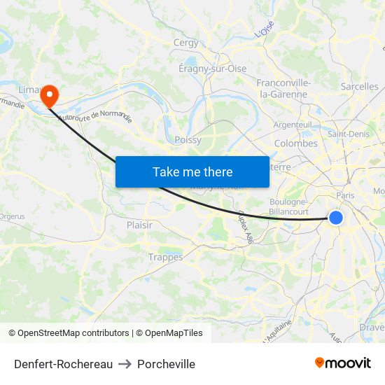 Denfert-Rochereau to Porcheville map