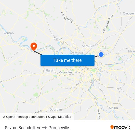 Sevran Beaudottes to Porcheville map
