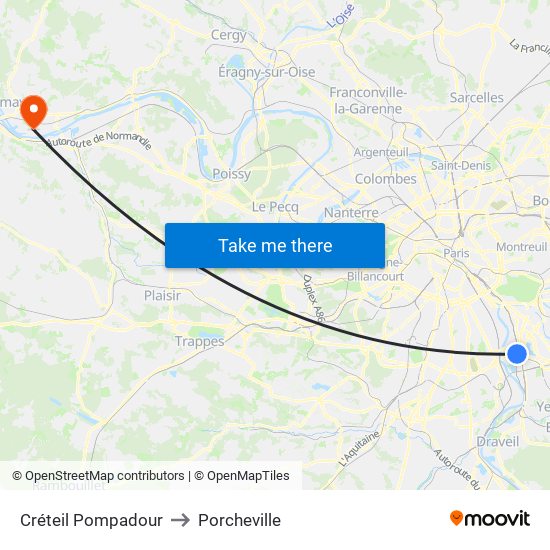 Créteil Pompadour to Porcheville map