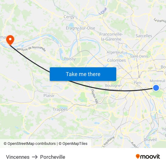 Vincennes to Porcheville map