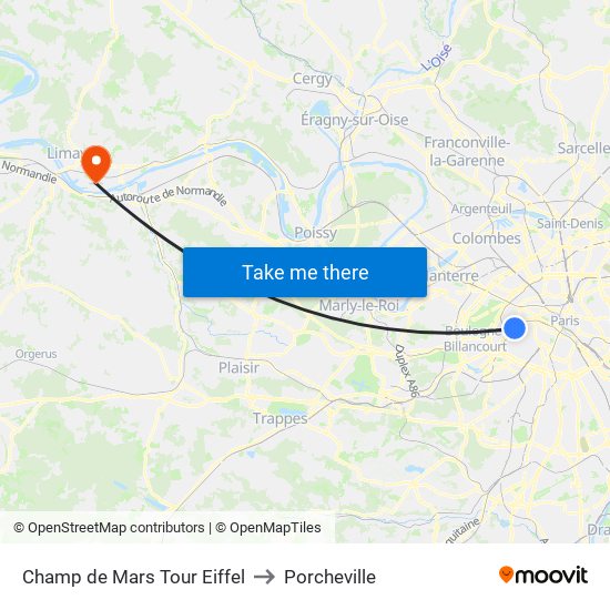 Champ de Mars Tour Eiffel to Porcheville map