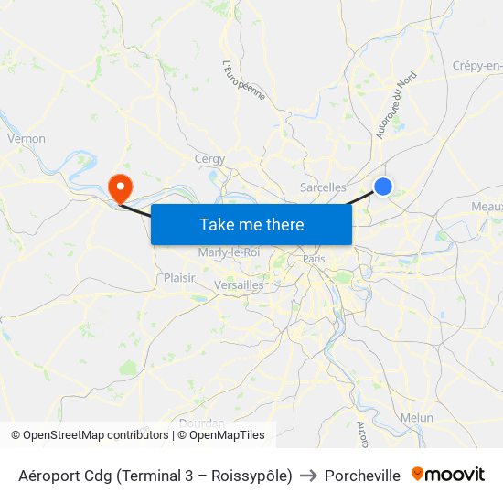 Aéroport Cdg (Terminal 3 – Roissypôle) to Porcheville map