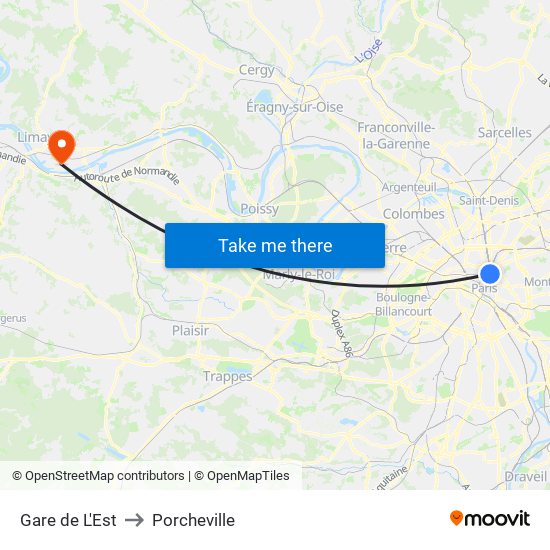 Gare de L'Est to Porcheville map