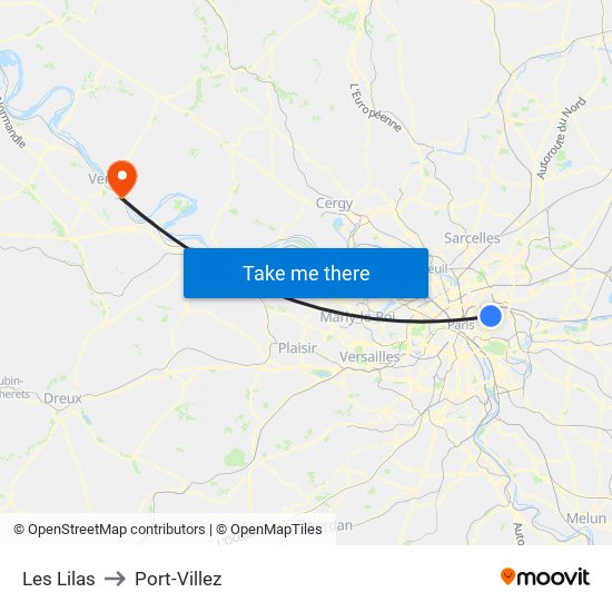 Les Lilas to Port-Villez map