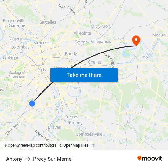 Antony to Precy-Sur-Marne map