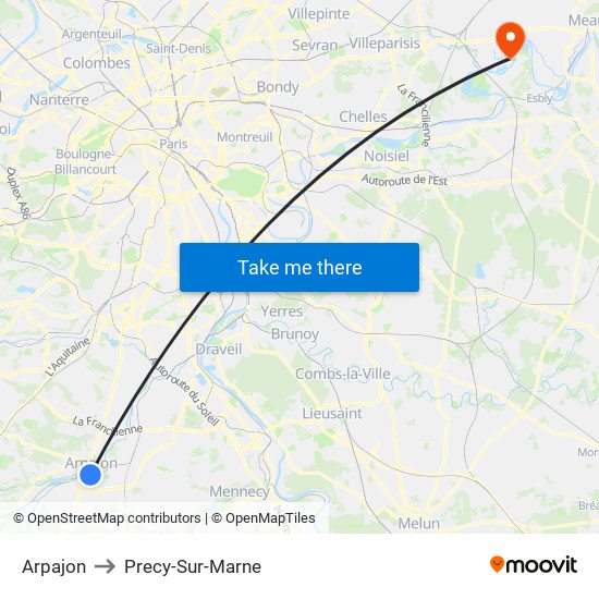 Arpajon to Precy-Sur-Marne map
