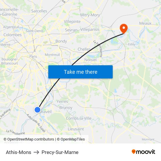 Athis-Mons to Precy-Sur-Marne map