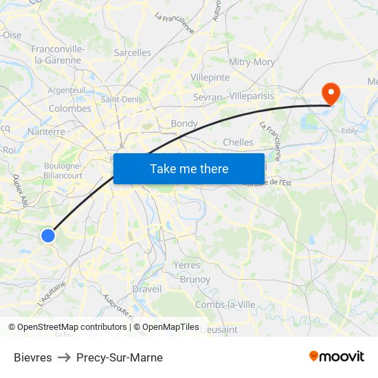 Bievres to Precy-Sur-Marne map