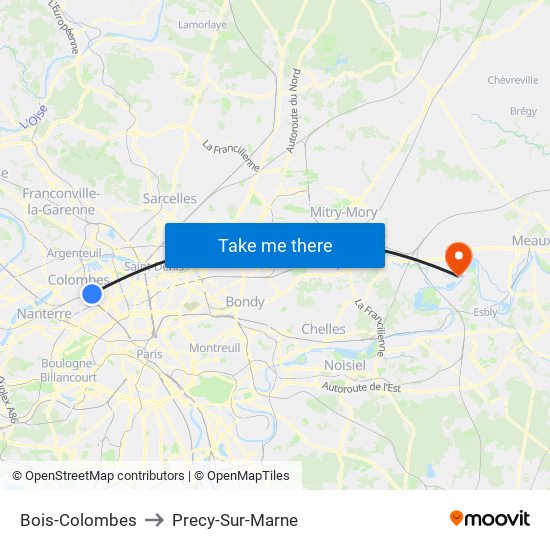 Bois-Colombes to Precy-Sur-Marne map