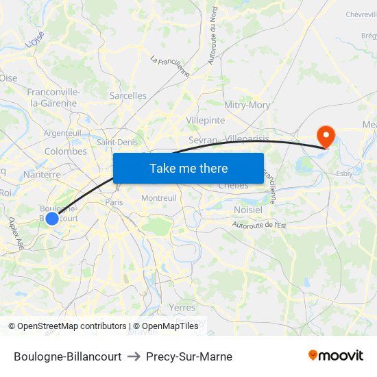 Boulogne-Billancourt to Precy-Sur-Marne map