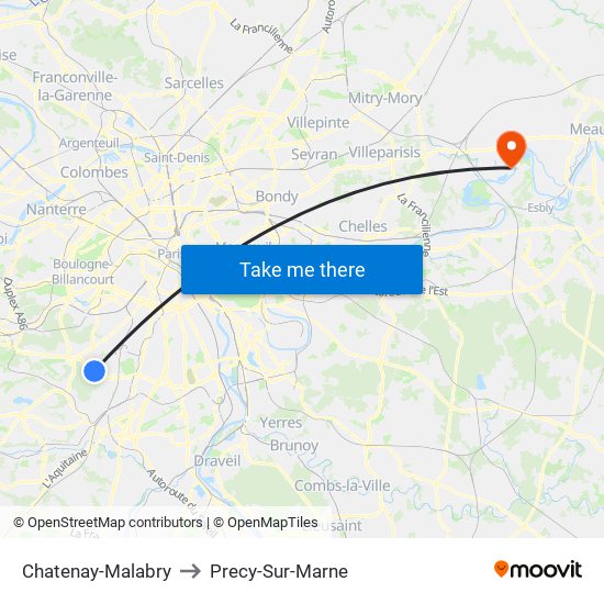 Chatenay-Malabry to Precy-Sur-Marne map