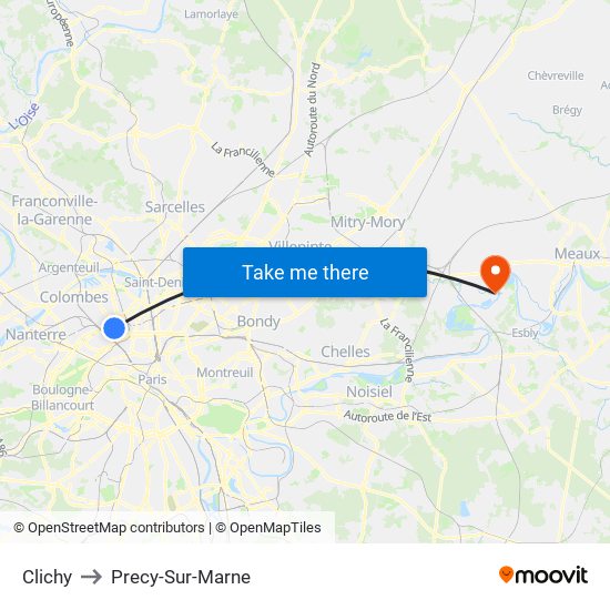 Clichy to Precy-Sur-Marne map