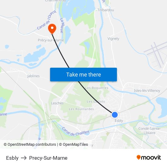 Esbly to Precy-Sur-Marne map