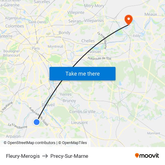 Fleury-Merogis to Precy-Sur-Marne map