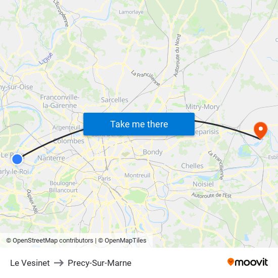 Le Vesinet to Precy-Sur-Marne map