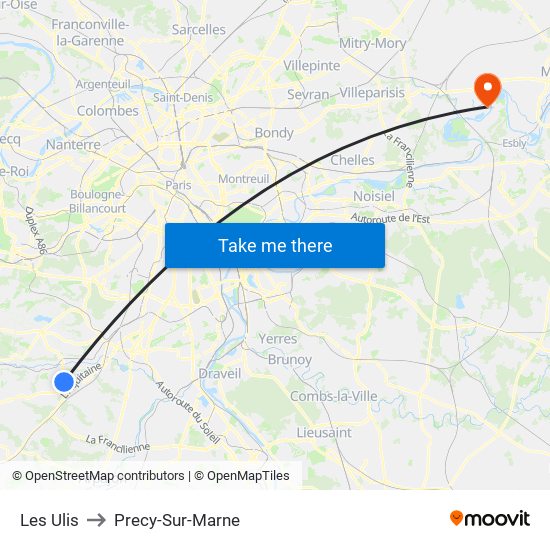 Les Ulis to Precy-Sur-Marne map