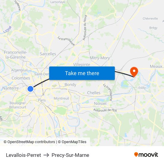 Levallois-Perret to Precy-Sur-Marne map