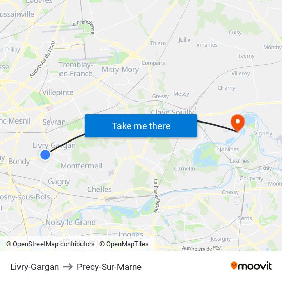 Livry-Gargan to Precy-Sur-Marne map