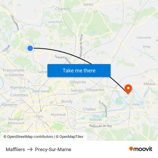 Maffliers to Precy-Sur-Marne map