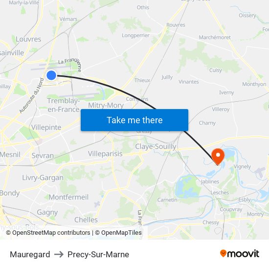 Mauregard to Precy-Sur-Marne map