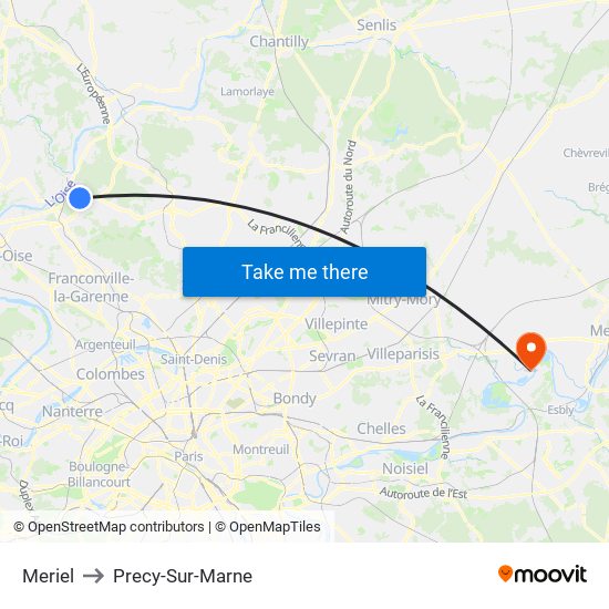 Meriel to Precy-Sur-Marne map