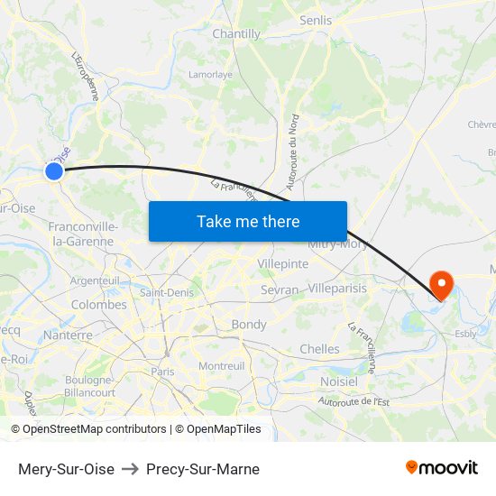 Mery-Sur-Oise to Precy-Sur-Marne map