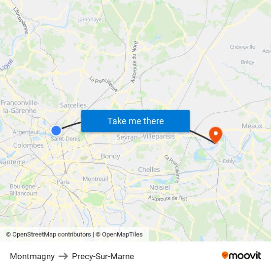 Montmagny to Precy-Sur-Marne map