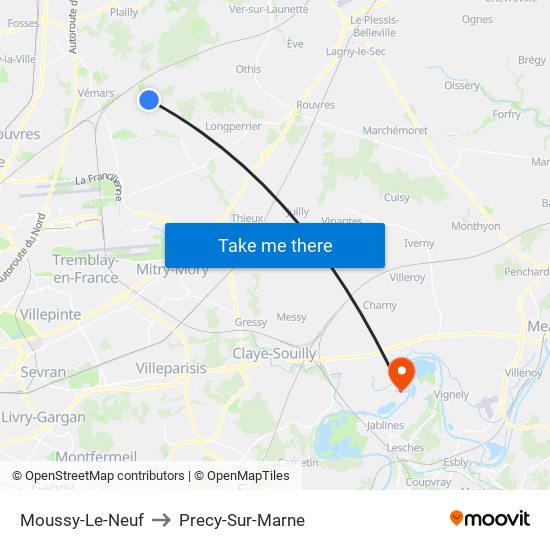 Moussy-Le-Neuf to Precy-Sur-Marne map