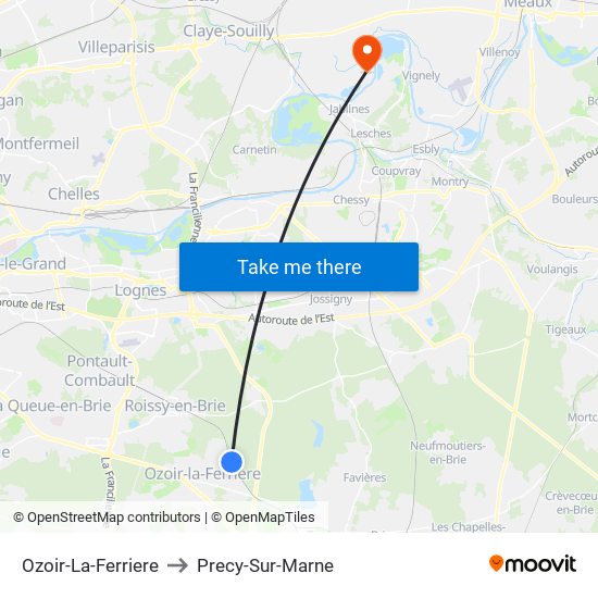 Ozoir-La-Ferriere to Precy-Sur-Marne map