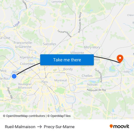 Rueil-Malmaison to Precy-Sur-Marne map