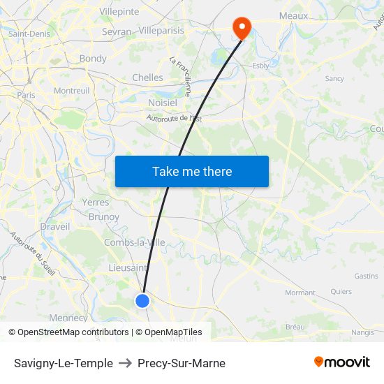 Savigny-Le-Temple to Precy-Sur-Marne map