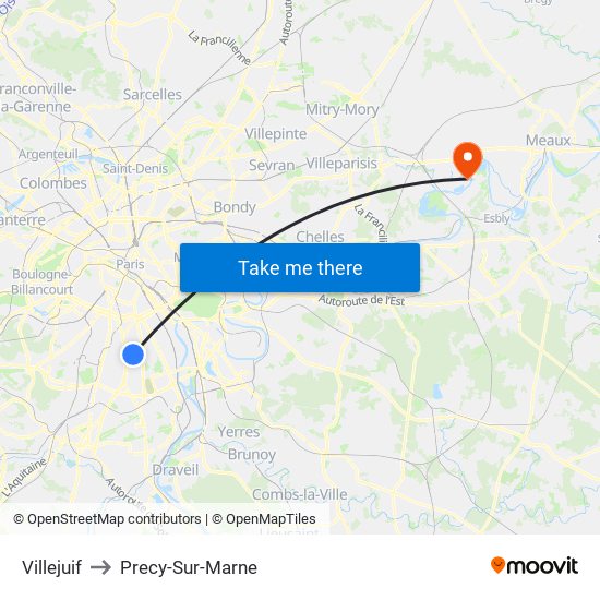 Villejuif to Precy-Sur-Marne map