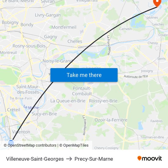 Villeneuve-Saint-Georges to Precy-Sur-Marne map
