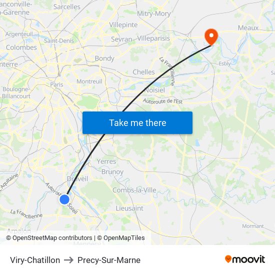 Viry-Chatillon to Precy-Sur-Marne map