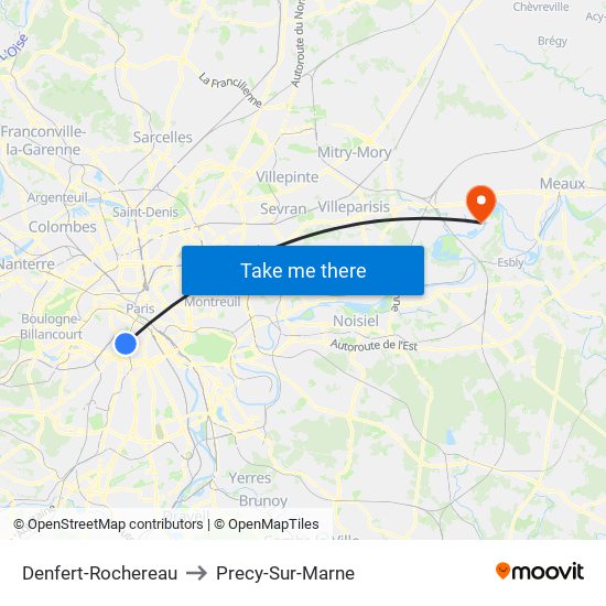Denfert-Rochereau to Precy-Sur-Marne map