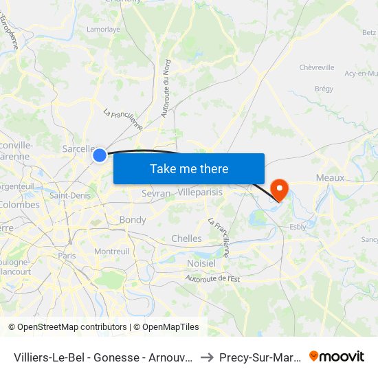 Villiers-Le-Bel - Gonesse - Arnouville to Precy-Sur-Marne map