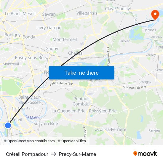 Créteil Pompadour to Precy-Sur-Marne map