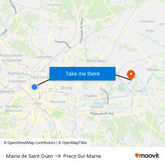 Mairie de Saint-Ouen to Precy-Sur-Marne map