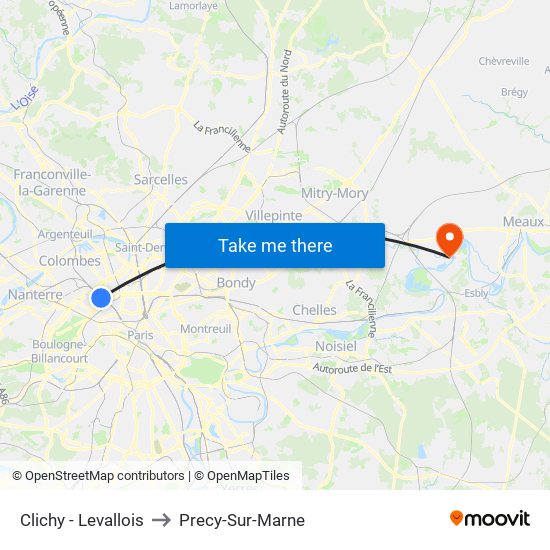 Clichy - Levallois to Precy-Sur-Marne map