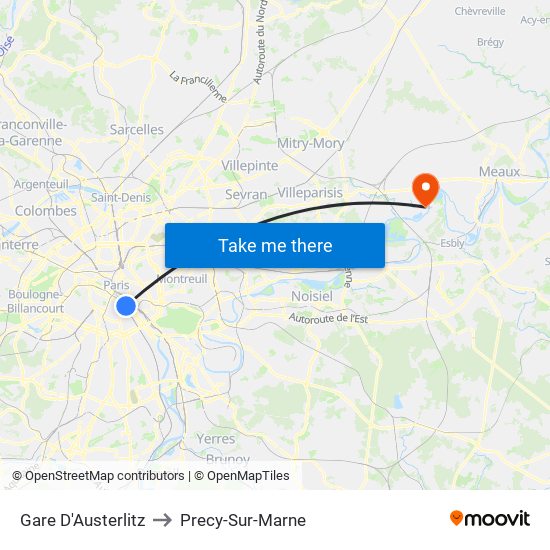 Gare D'Austerlitz to Precy-Sur-Marne map