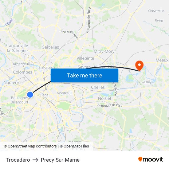 Trocadéro to Precy-Sur-Marne map