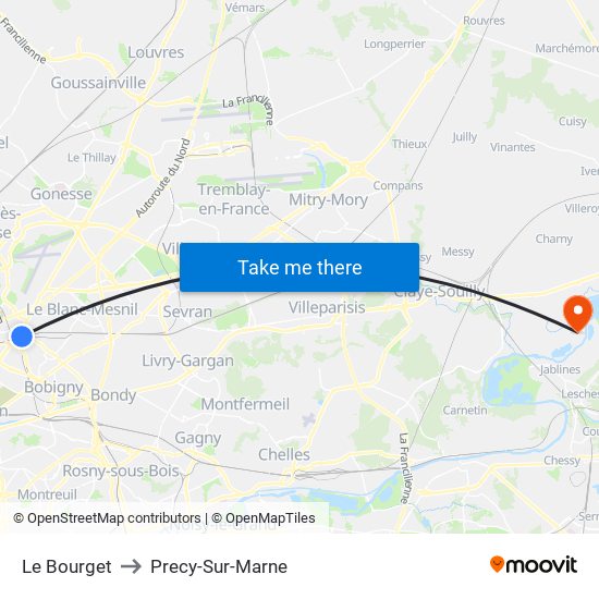 Le Bourget to Precy-Sur-Marne map