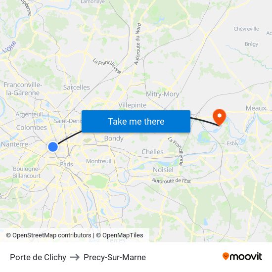 Porte de Clichy to Precy-Sur-Marne map