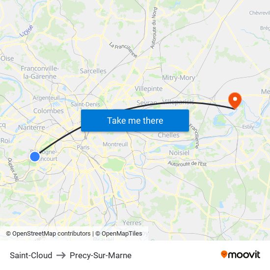 Saint-Cloud to Precy-Sur-Marne map