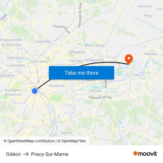 Odéon to Precy-Sur-Marne map