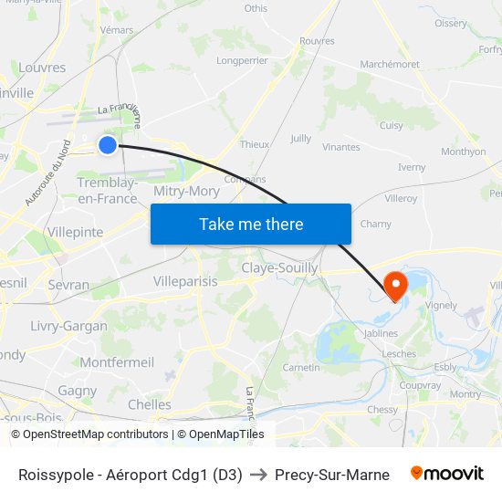 Roissypole - Aéroport Cdg1 (D3) to Precy-Sur-Marne map