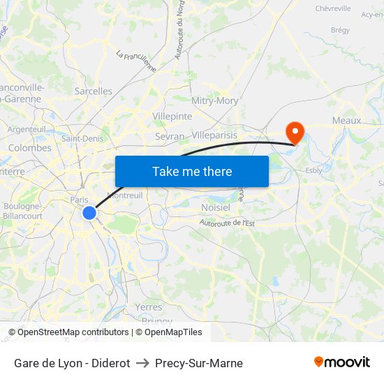 Gare de Lyon - Diderot to Precy-Sur-Marne map